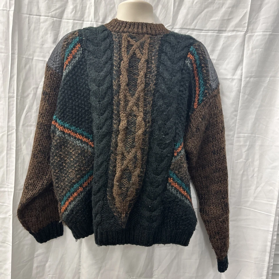 Hombres XL Vintage Escenas Callejeras Suéter Parche Cuero Manga Larga Cable Tejido Foto 2 de 4