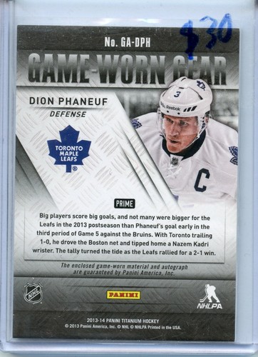 2013-14 Panini Titanium Game Worn Gear autógrafos Prime #GAD-PH Dion Phaneuf/25 - Imagen 2 de 2