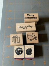 Wood Rubber Stamp Lot Of 6 Merry Christmas Holiday Greetings Ornaments Present