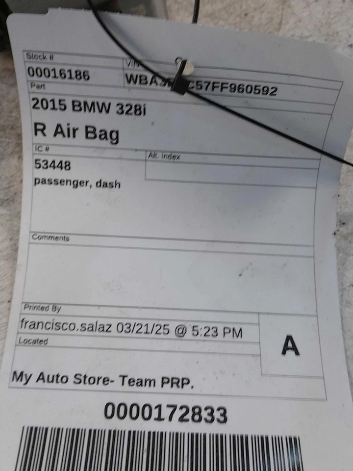2015 BMW 328I Instrument Panel Air Bag White Right OEM 541459 128K Miles Foto 3 de 4