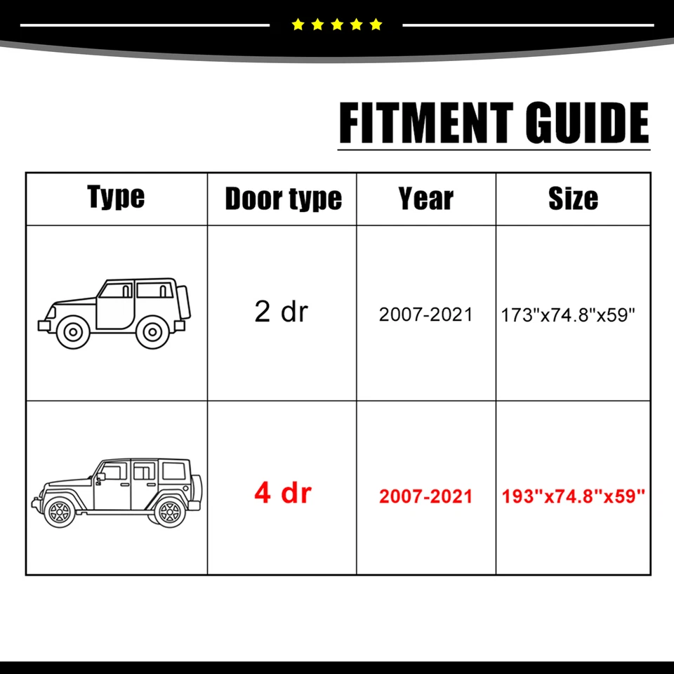 Waterproof Car Cover For Jeep Wrangler 4 Door JK JL 07-21 Sun Dust UV Snow Proof - Image 2 of 4