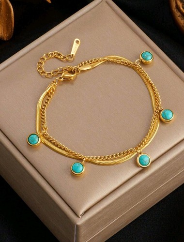 Bracciale con ciondolo tondo turchese in acciaio inox - Foto 4 di 5