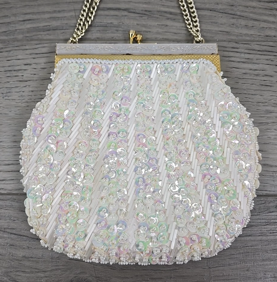 Vintage Iridescent White Sequin Beaded Satin Lining Wedding Clutch Purse - Image 2 of 4