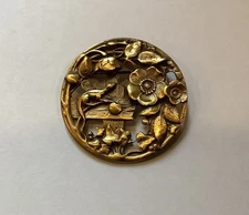 Vintage Art Nouveau Gold Tone Round Brooch - Floral and Nature