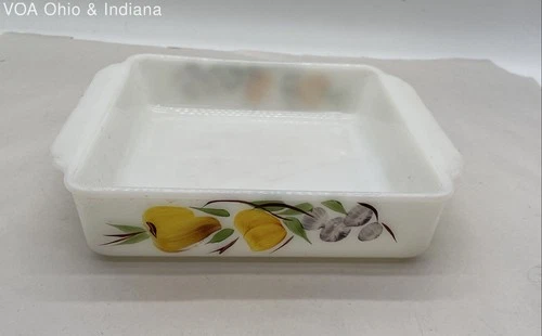 Fire-King Hand Painted Fruit Square Baking Dish 9 Inch Vintage Milk Glass