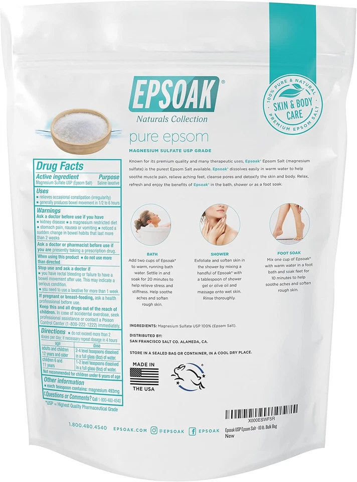 Sal de Epsoak Epsom 10 lb. Sulfato de magnesio USP. (Cantidad. 1 X 10Lb. Bolsas) Resellables Foto 2 de 4