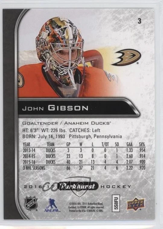 2016-17 Upper Deck Parkhurst Black John Gibson #3 - Image 2 of 2