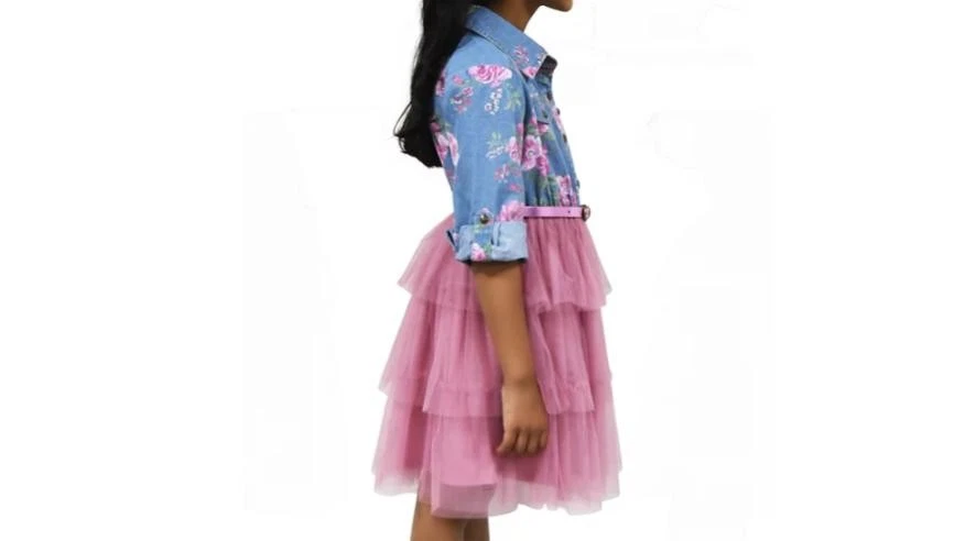 Vestido Tutú Denim Estampado Floral Rosa y Violeta Niños Pequeños y Niñas Pequeñas - Azul/Rosa.S2 Foto 2 de 3