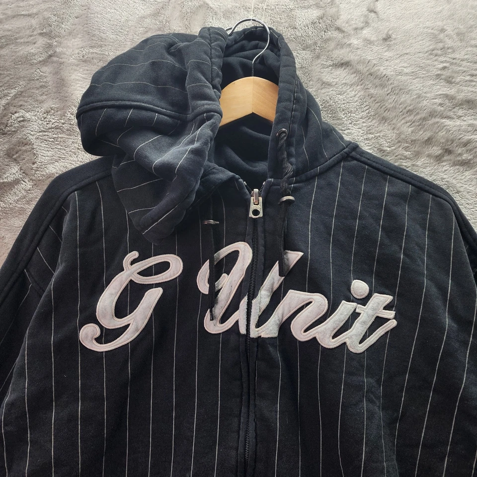 Vintage G-Unit 50 Cent Heavyweight Zip Up Hoodie 2XL Black Pinstripe Y2K Hip Hop - Image 4 of 4