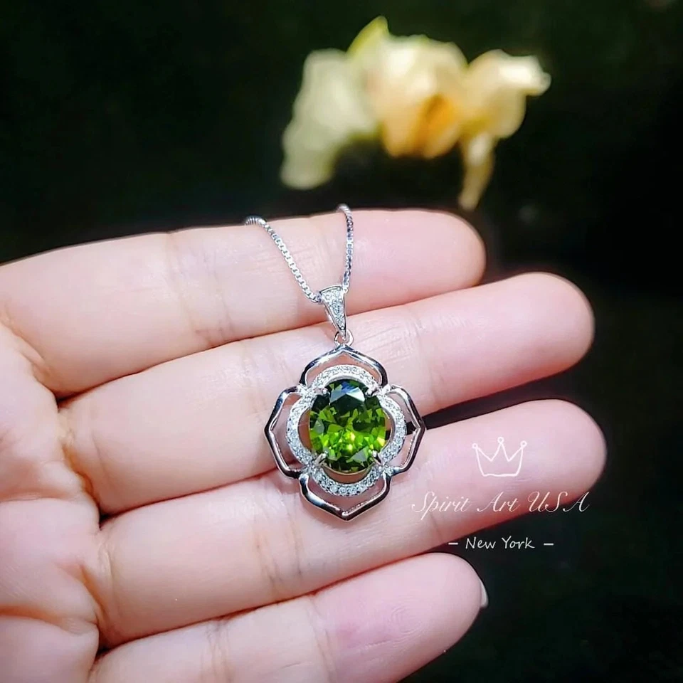 Sterling Silver Large Peridot Necklace , Green Flower of Life Necklace - Oval - Image 3 of 4