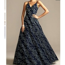 Terani Couture Glamour Deep-V Back Gown w/ Beading sz 0 Navy Teal NEW