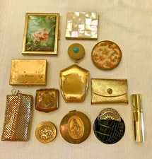 Huge Lot Vintage Compact Powder Makeup Mirror Perfume Atomizer, Gold Mesh & More