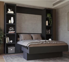 Easy-Lift Queen Murphy Wall Bed in Black with Two Bookshelves