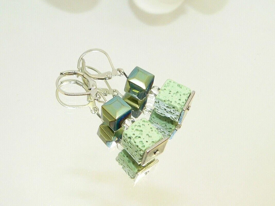 Ohrring Ohrschmuck Ohrhänger Lava grün peridot Hämatit petrol Edelstahl 113c - Bild 4 von 4