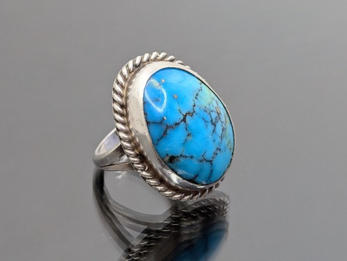 Vtg Handmade Navajo Artisan Sterling Silver Blue Pyrite Morenci Turquoise Ring - Picture 6 of 22
