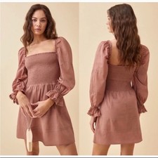 Reformation Purple Dunes Praline Mini Dress Smocked Cotton Puff Sleeves $278 Sz8