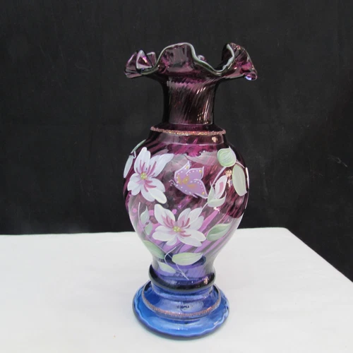 Fenton Mulberry Floral Butterfly Hand Painted Vase Special Order 1996 C2315