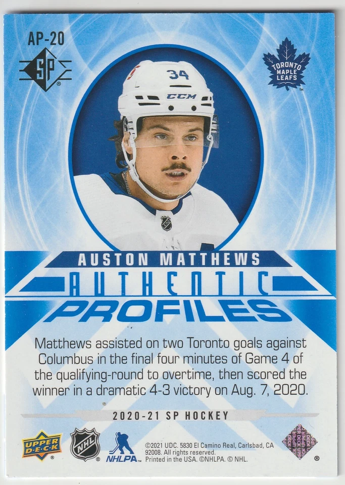 2020-21 SP Retail Auston Matthews Authentic Profiles AP-20 Toronto Maple Leafs - Image 2 of 2