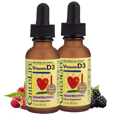 ChildLife Essentials Vitamin D3 Drops 500 IU for Kids 2 Pack Liquid Berry Flavor