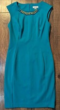 Calvin Klein Womens Sz 6 Turquoise Sheath Dress Gold Accent Neck Classic Audrey