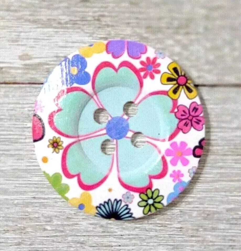 wood large heart sewing buttons 4 holes 2 inch blue pink flower - Image 2 of 2