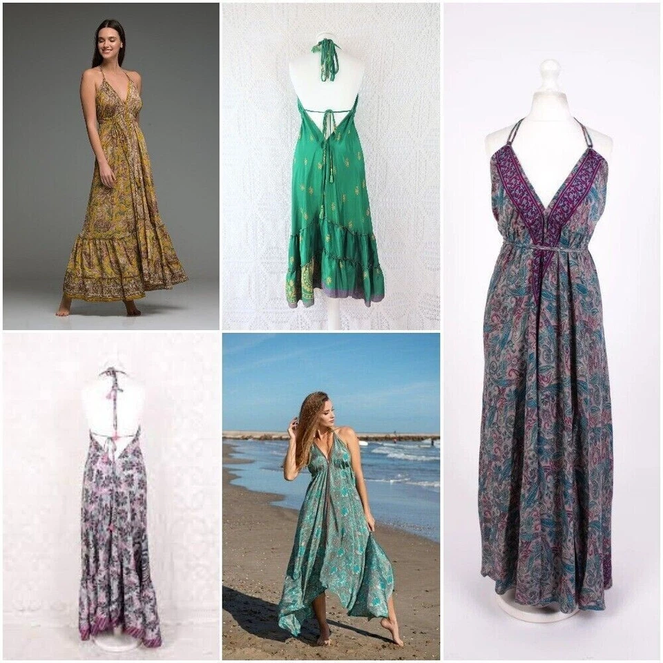 Wholesale 10 Pc Indian Silk Dress Wrap Maxi Dress Free Size Flower Dress hippire - Image 3 of 4