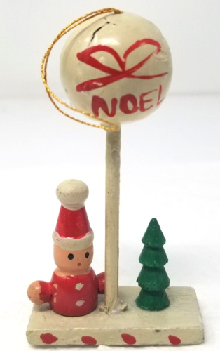 Ornement de Noël elfe Noel Globe bois fait main années 1970 vintage - Photo 1 sur 8
