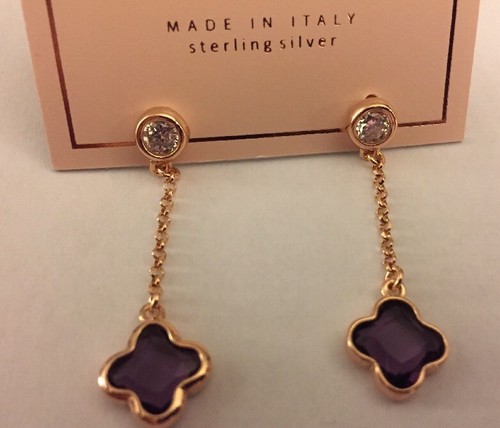 Mia Fiore Dyadema ITALY Rose Gold CZ Amethyst Quatrefoil Clover Earrings NEW - Picture 3 of 8