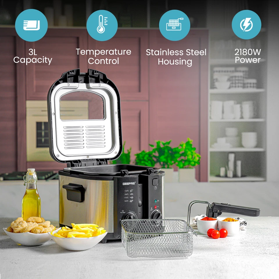 Deep Fat Chip Fryer 3L Basket Oil Fried Food Non-Stick Oil Tank 2180W Geepas - Image 2 of 4