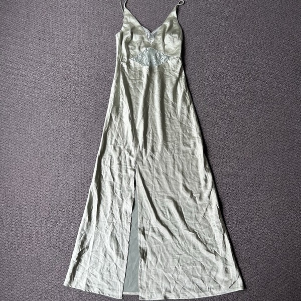 Selfie Leslie Sage Green Satin Slip Dress Lace Panel Maxi AU6 XS Formal Party