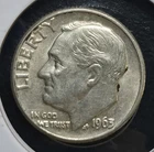 1963 D Roosevelt Silver Dime. Estimated Almost Uncirculated 58. A1419.