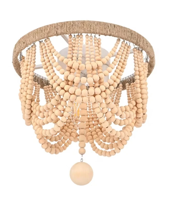 Flush Mount Chandelier Ceiling Light Fixture Shabby Beige Chic Wood Beads Rope - Изображение 4 из 4