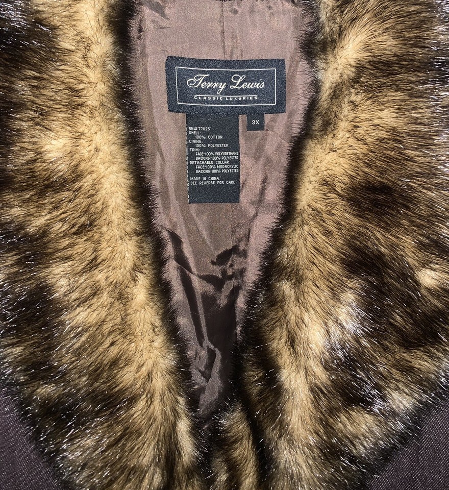 NEW Women’s 3X Terry Lewis Brown Denim Lined Jacket Coat Removable “Fur
