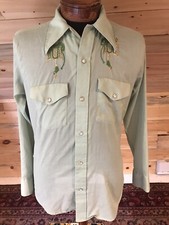 Vtg 70's Men S Western Pearl Snap Long Sleeve Shirt Kmart Thin Retro Green 50/50