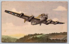 Handley Page Halifax Bomber Postcard WWII Aircraft Art, Printed France, Unused