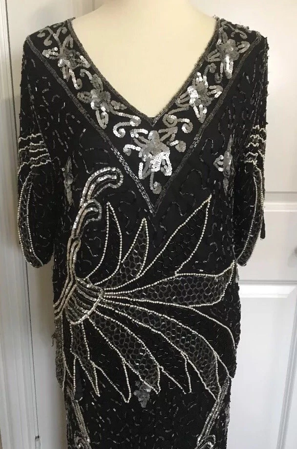 Linsiano Womens Vintage Medium Silk Black Silver Sequins Beads Pearls VLV Formal - Image 2 of 4