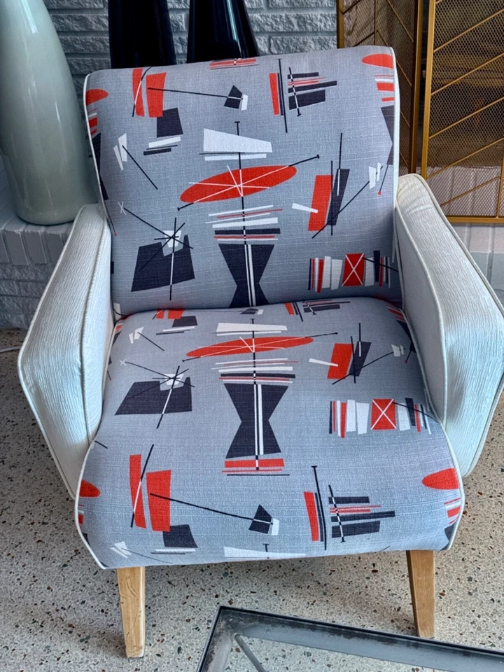 Silla Boomerang retro geométrica años 50 atómica mediados de siglo tela de corteza tela vintage Foto 3 de 4