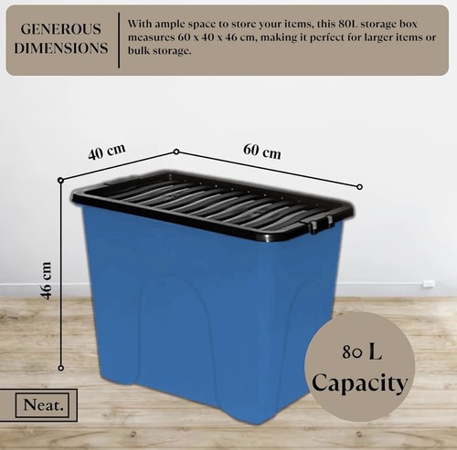 Plastic Storage Box 80L Blue 40cm W 60cm L 42cm H Black Lid Pack 3 - Picture 2 of 7