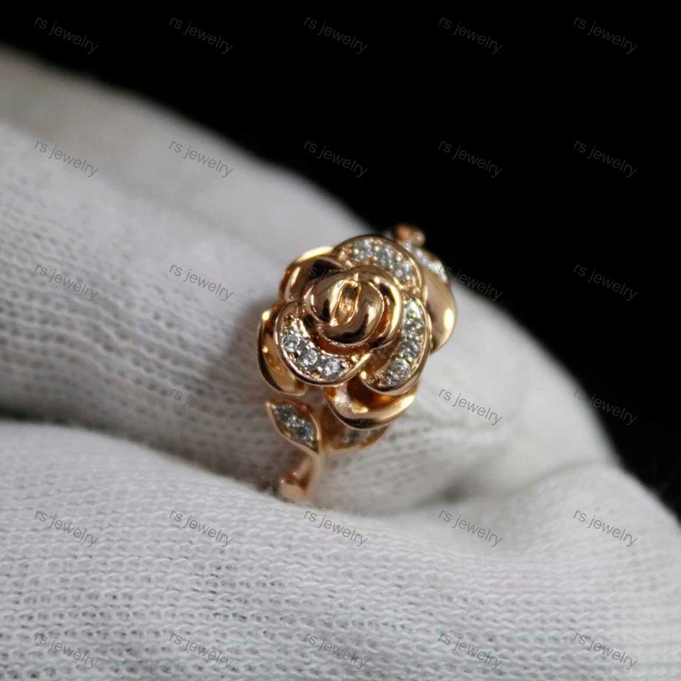 Anillo de compromiso de diamantes naturales de corte redondo de 0,15 quilates enchapado en oro rosa de 14 k de plata 925 Foto 3 de 4