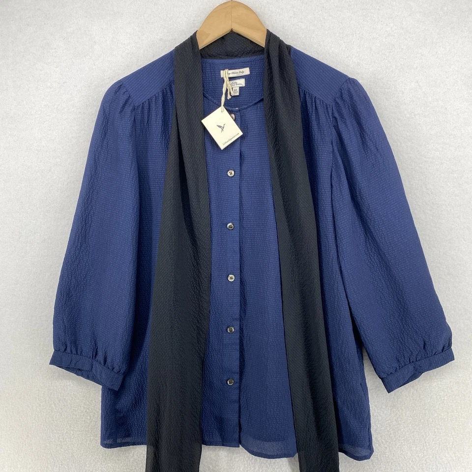 Blusa LL BEAN Mujer 12 Firma Seda Texturizada Pajarita Cuello Abotonado Azul NUEVA Foto 2 de 4