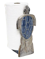 HAND CARVED TURTLE SEA WOOD PAPER TOWEL HOLDER ISLAND BEACH TROPICAL NAUTICAL