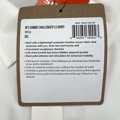 Chemise Simms Challenger Homme 2XL Blanche, Manches Longues, UPF 30 – NEUF