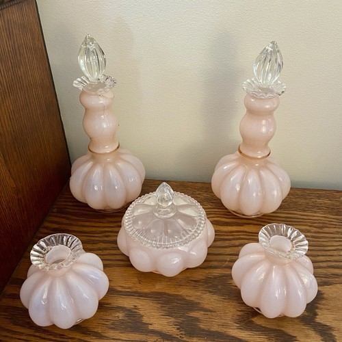 FENTON GLAS ~ VINTAGE "ROSE" MELONE WASCHTISCH SET ~ PUDERDOSE & PARFUMS - Bild 2 von 14
