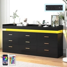9 Drawer Dresser with Charging Station and LED Lights, Modern Chest of