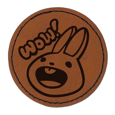 Wow Rabbit Bunny Excited Round Iron-On Leather Patch Applique - 2.5 Inch - Brown