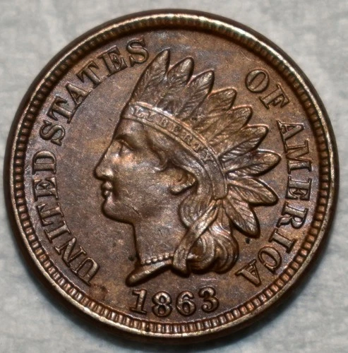 AU-UNC 1863 Indian Head Cent, Razor-Sharp, Lustrous specimen.