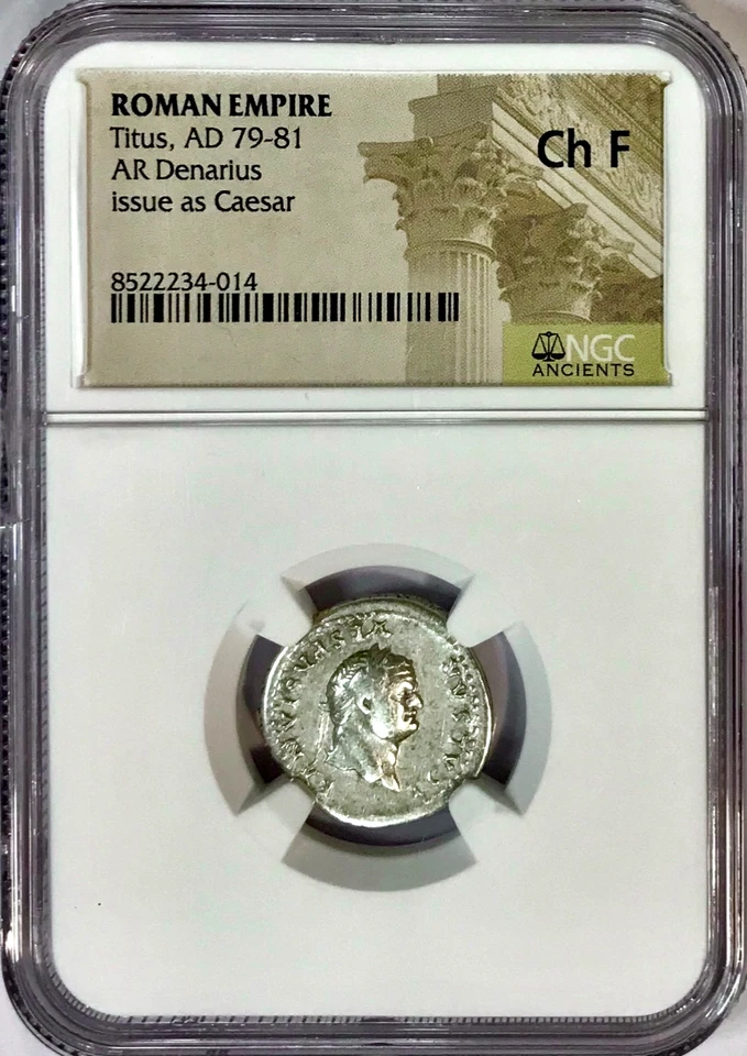 79-81 AD Titus As Caesar Ancient Roman Silver Denarius Roma 77-78 AD NGC F Fine - Imagem 3 de 4