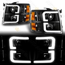 Fit 07-13 Chevy Silverado 1500 2500 Led Bar Tube Blackamber Projector Headlight