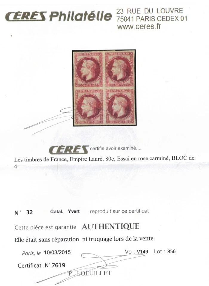 France Yvert #32 Very Fine Mint Imperf Essay Block Of Four On Ungummed Paper - Image 2 of 2