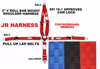 JR RACING HARNESS 5 PT CAM LOCK 2'' SFI 16.1 V MOUNT RED CHECKERBOARD RACERDIRECT